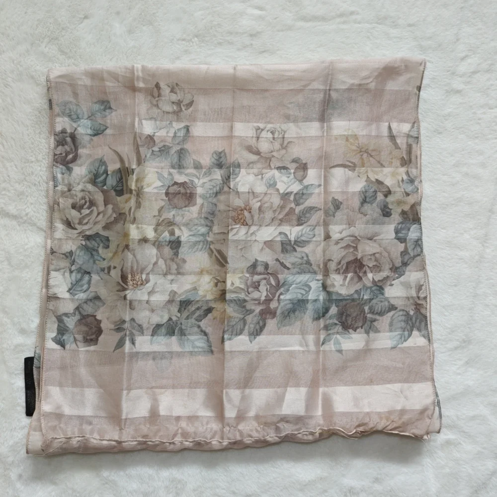 Art Of The Scarf Italian Tie Rack Scarf Womens Floral Pink Beige Satin Polyester